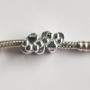 Pair 925 Sterling Silver Heart Paw Euro Bead